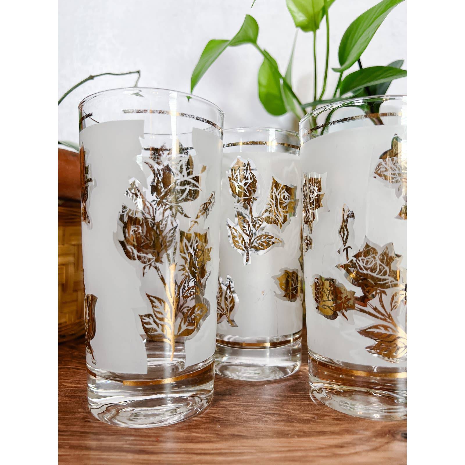 Vintage Libbey Golden Roses Frosted Highball Glasses MCM (3)